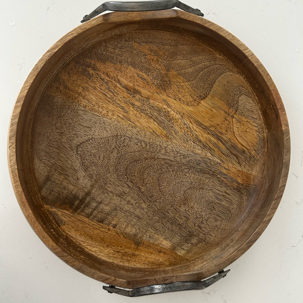 Round Wooden Decorative Bowl with Metal Handles - Two-Tone Grain